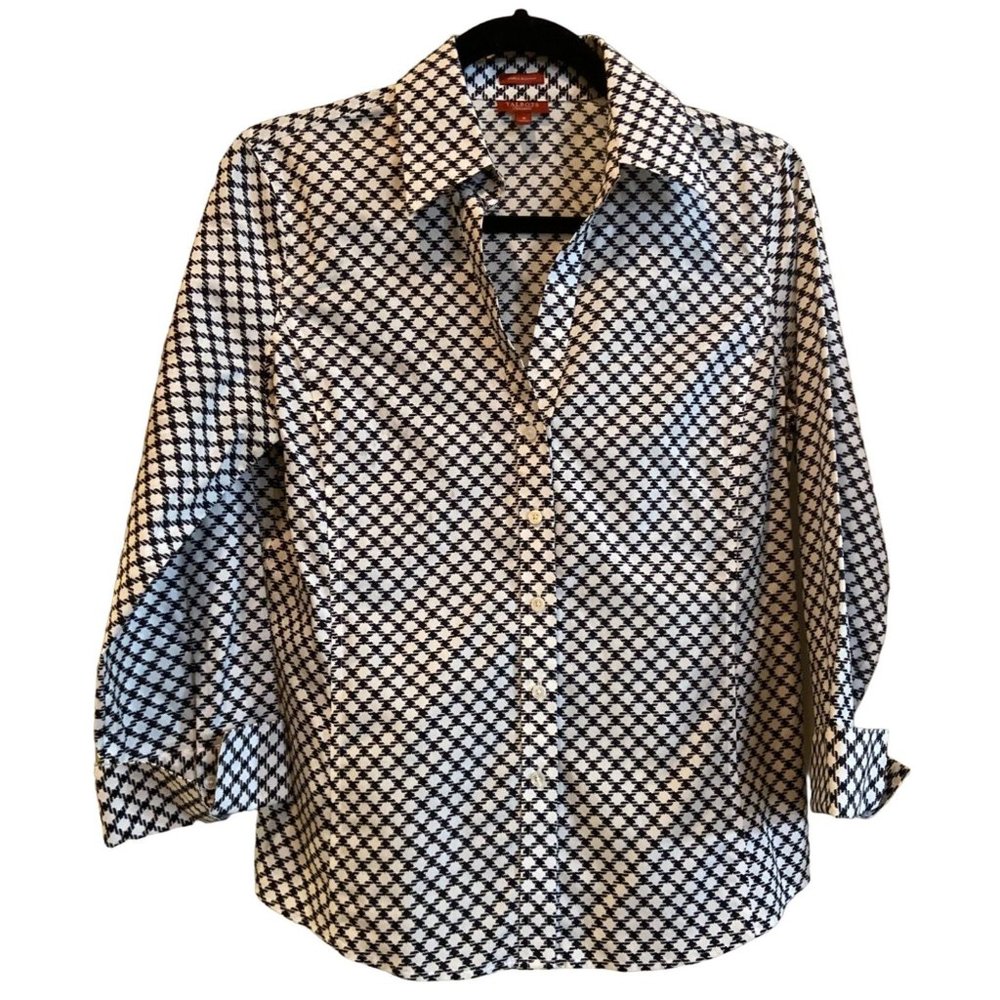 Women's Talbots Cotton Blend Wrinkle Resistant Blouse Black & White Size 8